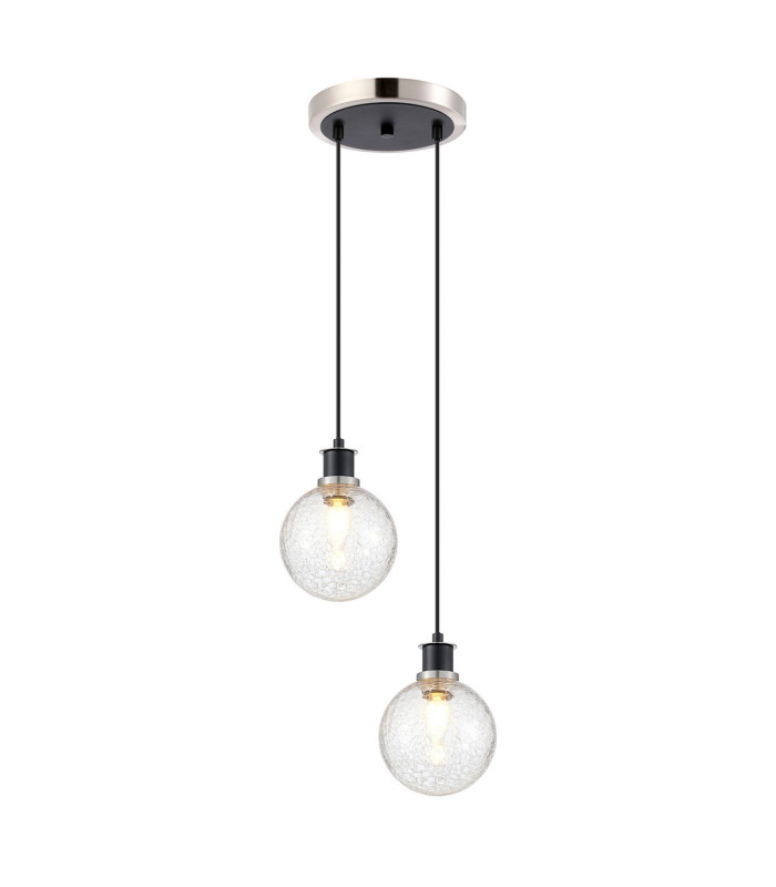 Placid 20cm 2 Light Pendant E14 15cm Round Crackled Glass Shades Satin Nickel Clear & Satin Black-1
