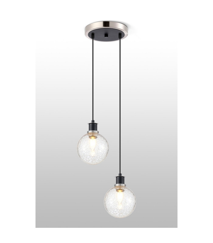 Placid 20cm 2 Light Pendant E14 15cm Round Crackled Glass Shades Satin Nickel Clear & Satin Black-3