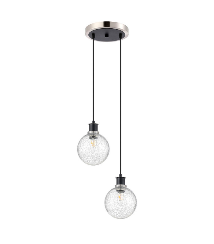 Placid 20cm 2 Light Pendant E14 15cm Round Crackled Glass Shades Satin Nickel Clear & Satin Black-4