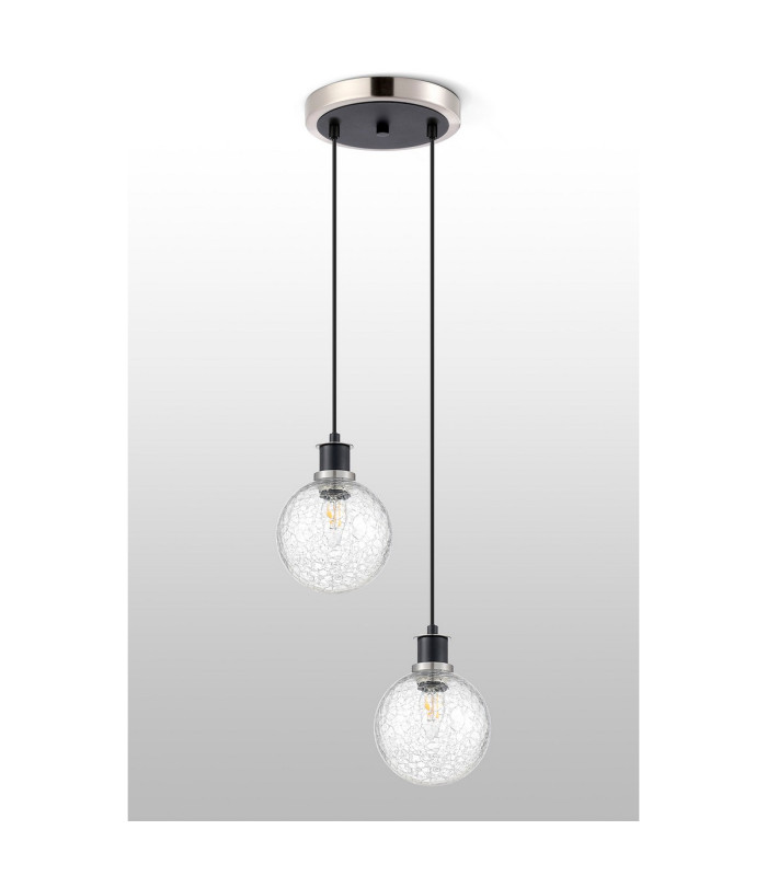 Placid 20cm 2 Light Pendant E14 15cm Round Crackled Glass Shades Satin Nickel Clear & Satin Black-7