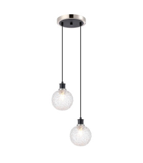 Placid 20cm 2 Light Pendant E14 15cm Round Textured Crumple Glass Shades Satin Nickel Clear & Satin Black-1