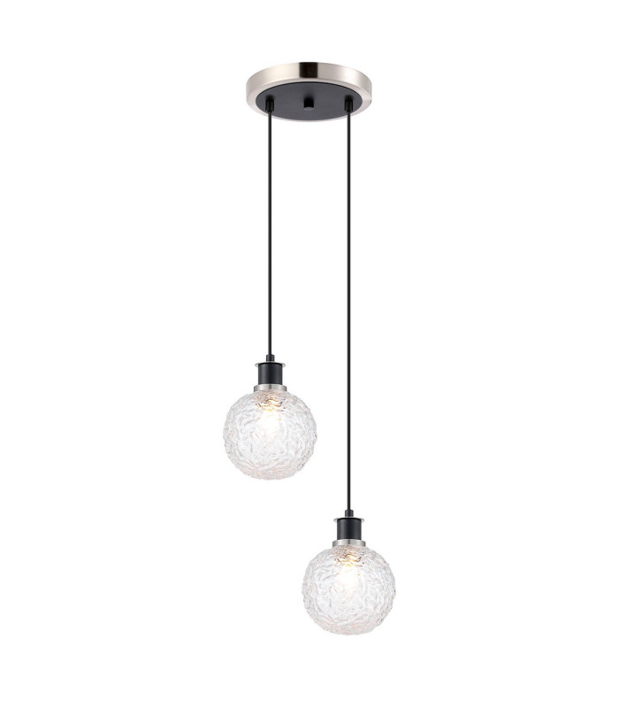 Placid 20cm 2 Light Pendant E14 15cm Round Textured Crumple Glass Shades Satin Nickel Clear & Satin Black-1
