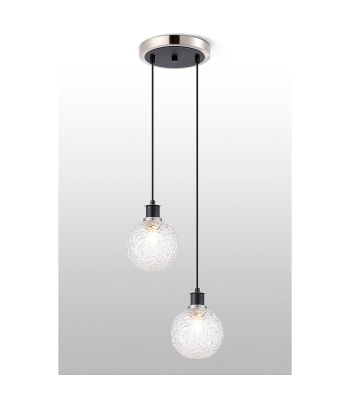 Placid 20cm 2 Light Pendant E14 15cm Round Textured Crumple Glass Shades Satin Nickel Clear & Satin Black-3