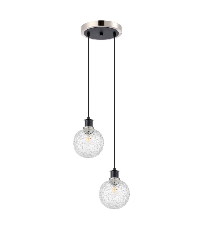 Placid 20cm 2 Light Pendant E14 15cm Round Textured Crumple Glass Shades Satin Nickel Clear & Satin Black-4