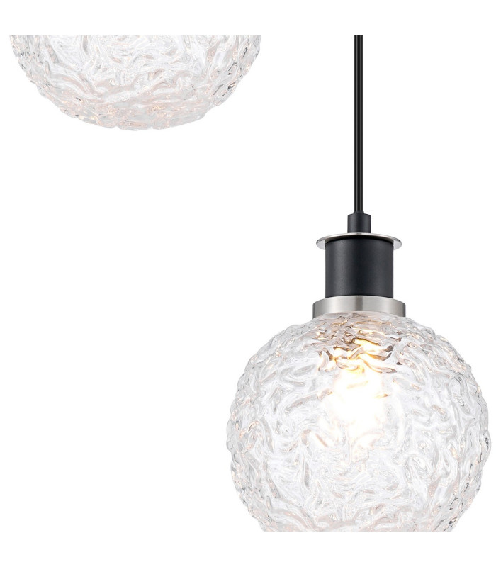 Placid 20cm 2 Light Pendant E14 15cm Round Textured Crumple Glass Shades Satin Nickel Clear & Satin Black-6