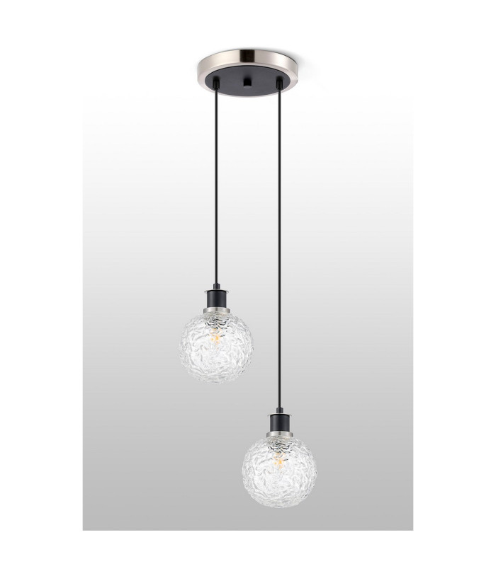 Placid 20cm 2 Light Pendant E14 15cm Round Textured Crumple Glass Shades Satin Nickel Clear & Satin Black-7