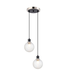 Placid 20cm 2 Light Pendant E14 15cm Round Textured Diamond Pattern Glass Shades Satin Nickel Clear & Satin Black-1