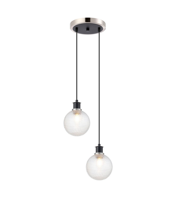 Placid 20cm 2 Light Pendant E14 15cm Round Textured Diamond Pattern Glass Shades Satin Nickel Clear & Satin Black-1