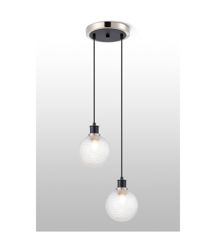 Placid 20cm 2 Light Pendant E14 15cm Round Textured Diamond Pattern Glass Shades Satin Nickel Clear & Satin Black-3