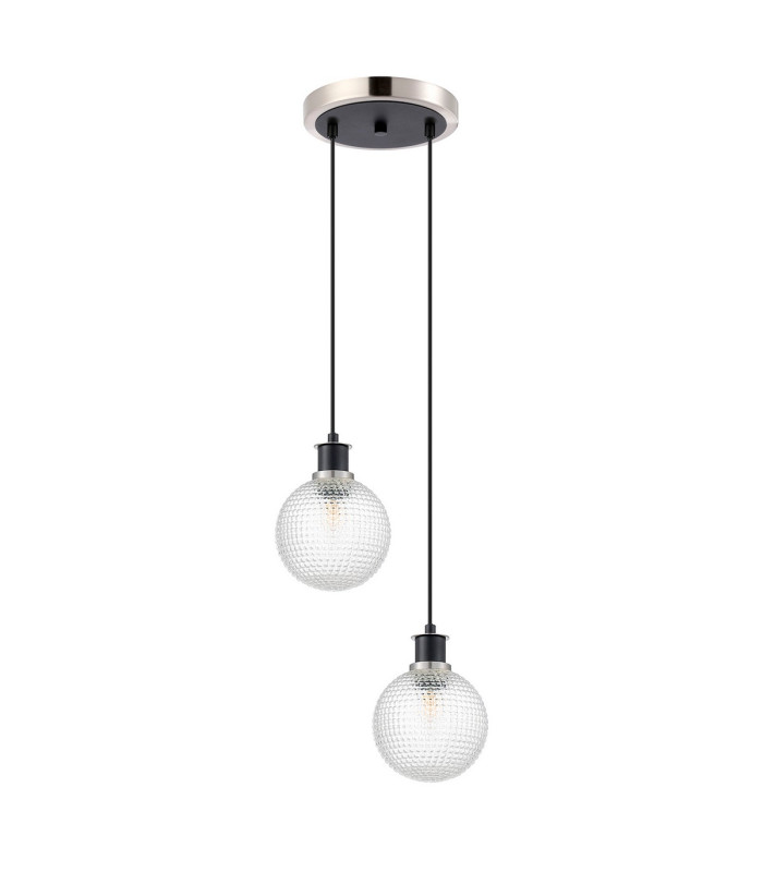 Placid 20cm 2 Light Pendant E14 15cm Round Textured Diamond Pattern Glass Shades Satin Nickel Clear & Satin Black-4