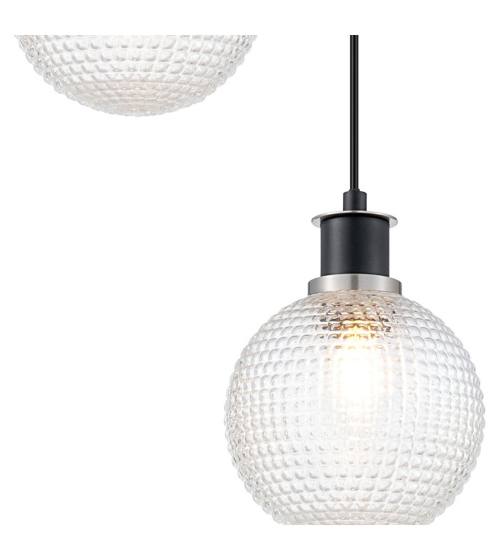 Placid 20cm 2 Light Pendant E14 15cm Round Textured Diamond Pattern Glass Shades Satin Nickel Clear & Satin Black-6