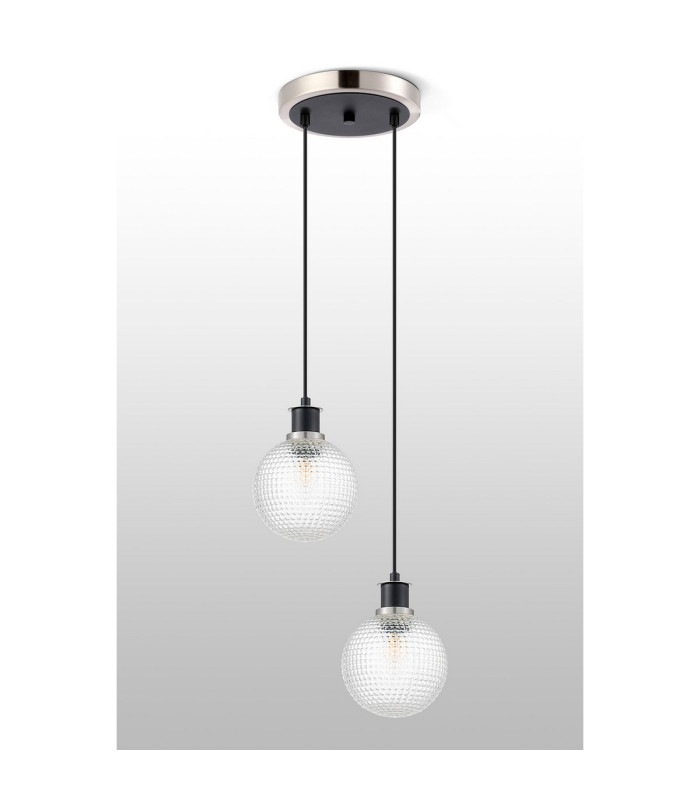 Placid 20cm 2 Light Pendant E14 15cm Round Textured Diamond Pattern Glass Shades Satin Nickel Clear & Satin Black-7
