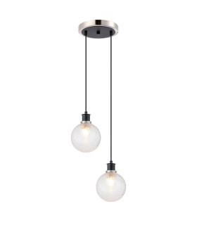 Placid 20cm 2 Light Pendant E14 15cm Round Dimpled Glass Shades Satin Nickel Clear & Satin Black-1