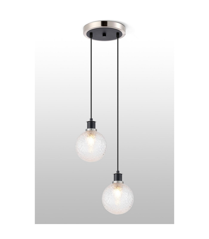 Placid 20cm 2 Light Pendant E14 15cm Round Dimpled Glass Shades Satin Nickel Clear & Satin Black-3