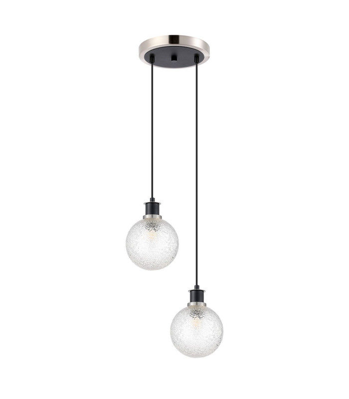 Placid 20cm 2 Light Pendant E14 15cm Round Dimpled Glass Shades Satin Nickel Clear & Satin Black-4