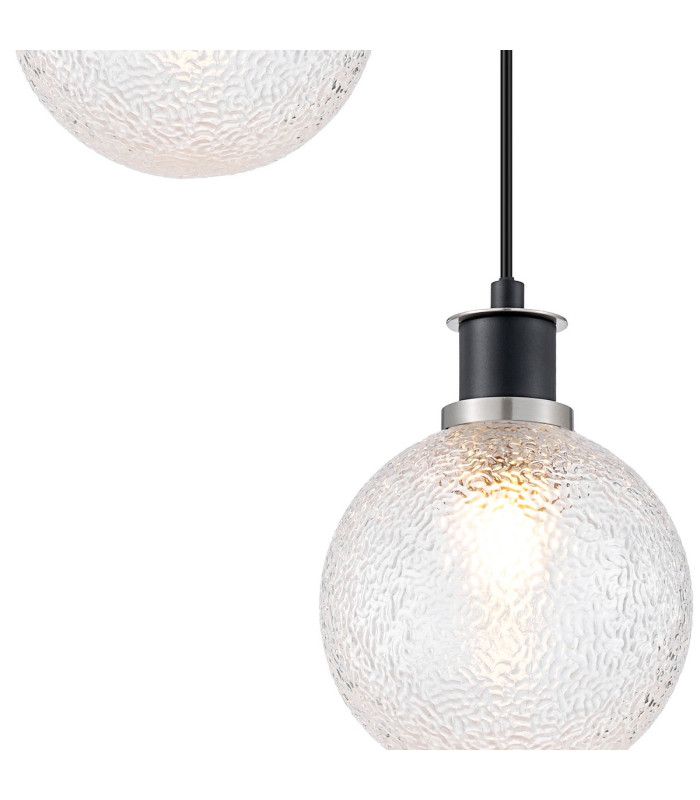 Placid 20cm 2 Light Pendant E14 15cm Round Dimpled Glass Shades Satin Nickel Clear & Satin Black-6