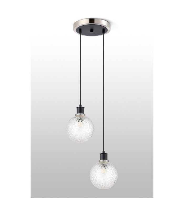 Placid 20cm 2 Light Pendant E14 15cm Round Dimpled Glass Shades Satin Nickel Clear & Satin Black-7