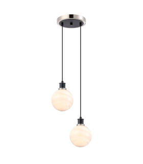 Placid 20cm 2 Light Pendant E14 15cm Round White & Grey Marble Effect Glass Shades Satin Nickel & Satin Black Framework-1