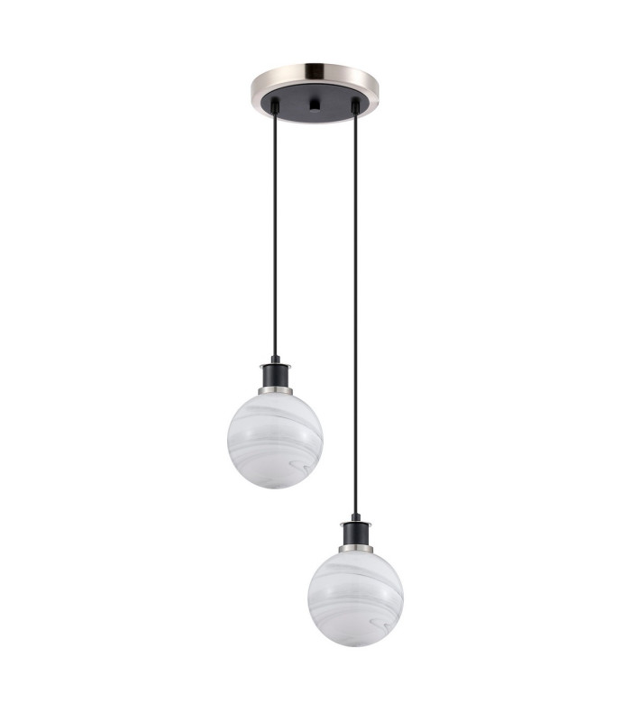 Placid 20cm 2 Light Pendant E14 15cm Round White & Grey Marble Effect Glass Shades Satin Nickel & Satin Black Framework-4