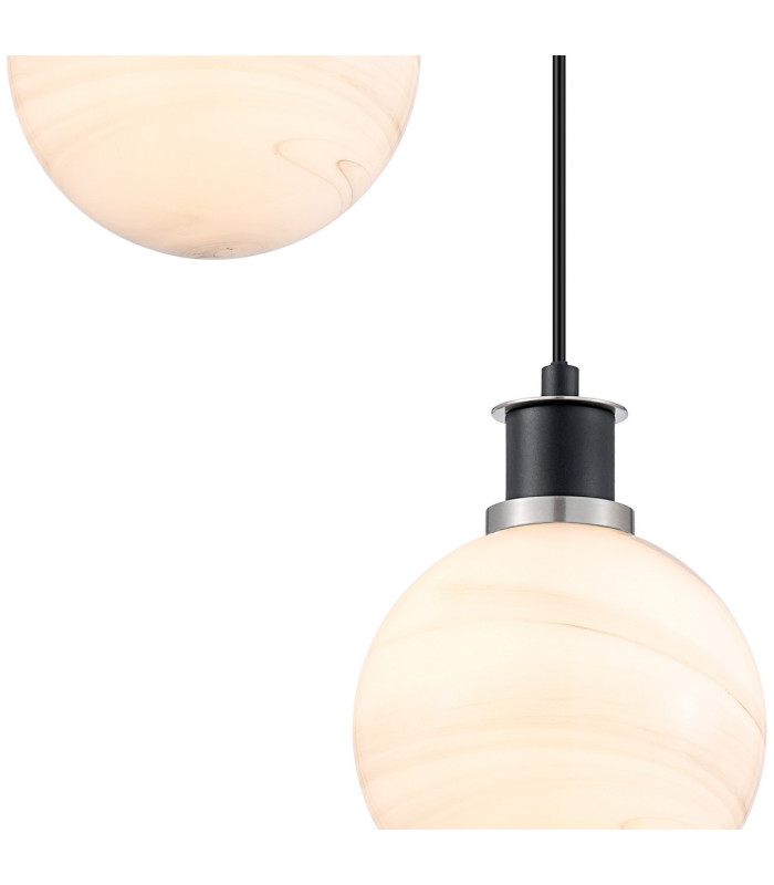Placid 20cm 2 Light Pendant E14 15cm Round White & Grey Marble Effect Glass Shades Satin Nickel & Satin Black Framework-6
