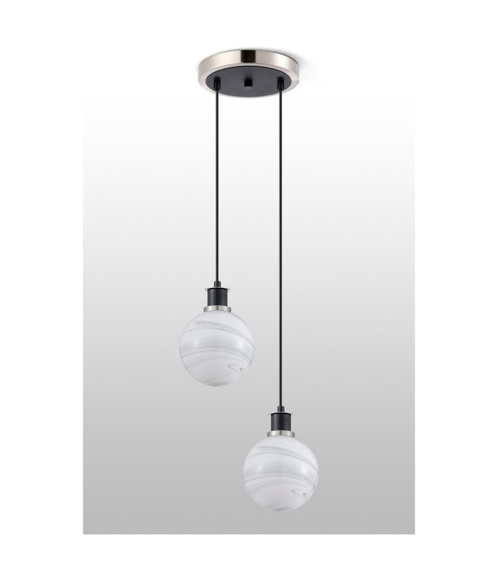 Placid 20cm 2 Light Pendant E14 15cm Round White & Grey Marble Effect Glass Shades Satin Nickel & Satin Black Framework-7