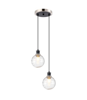 Placid 20cm 2 Light Pendant E14 15cm Round Textured Melting Glass Shades Satin Nickel Clear & Satin Black-1