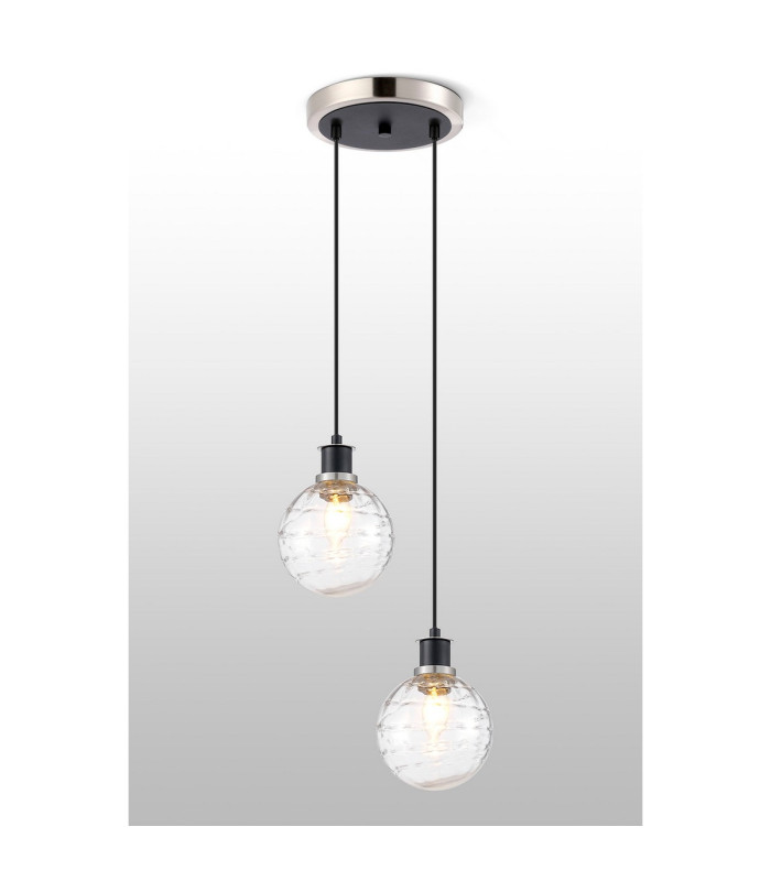 Placid 20cm 2 Light Pendant E14 15cm Round Textured Melting Glass Shades Satin Nickel Clear & Satin Black-3