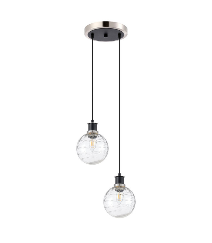 Placid 20cm 2 Light Pendant E14 15cm Round Textured Melting Glass Shades Satin Nickel Clear & Satin Black-4