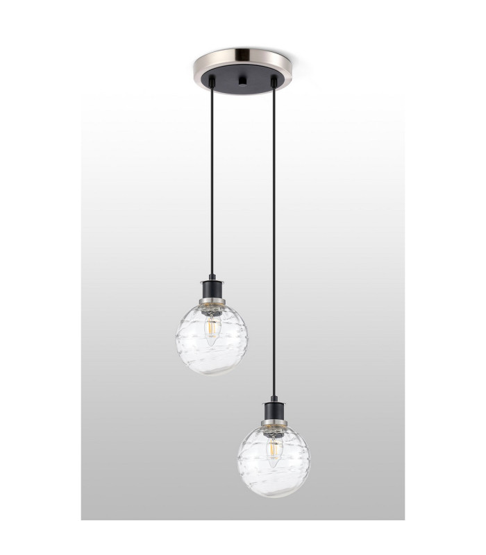 Placid 20cm 2 Light Pendant E14 15cm Round Textured Melting Glass Shades Satin Nickel Clear & Satin Black-7