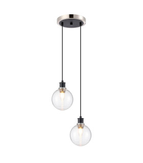 Placid 20cm 2 Light Pendant E14 15cm Round Ribbed Glass Shades Satin Nickel Clear & Satin Black-1