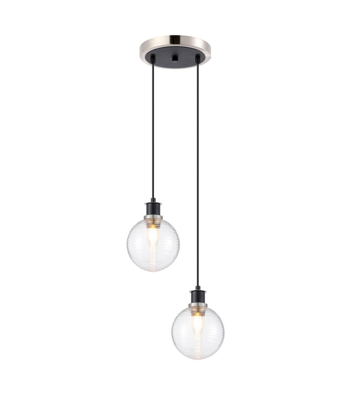 Placid 20cm 2 Light Pendant E14 15cm Round Ribbed Glass Shades Satin Nickel Clear & Satin Black-1
