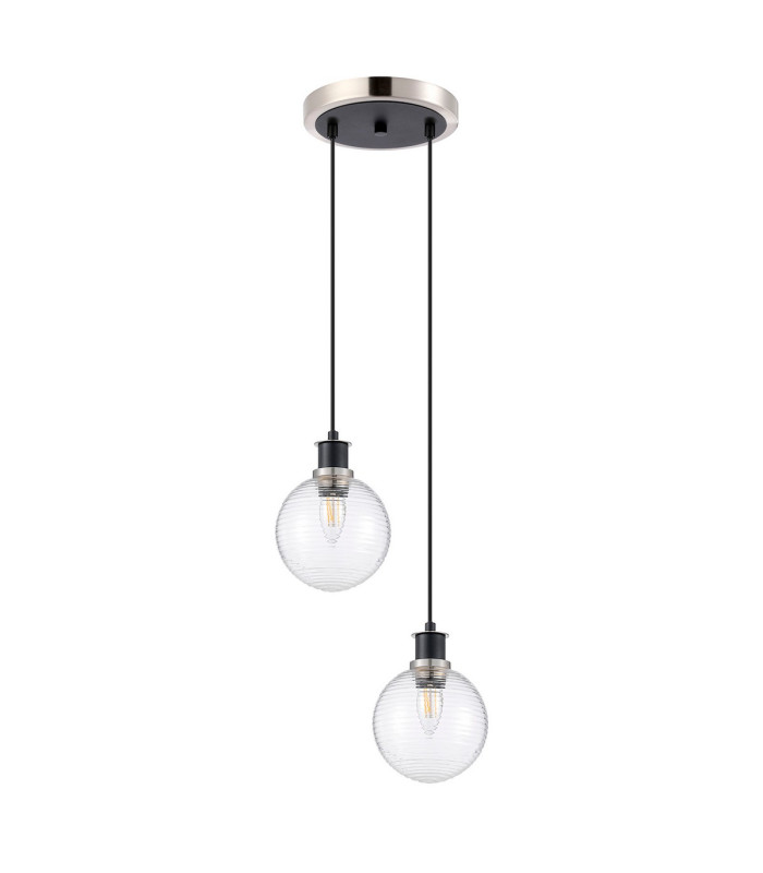 Placid 20cm 2 Light Pendant E14 15cm Round Ribbed Glass Shades Satin Nickel Clear & Satin Black-4
