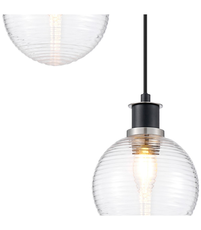 Placid 20cm 2 Light Pendant E14 15cm Round Ribbed Glass Shades Satin Nickel Clear & Satin Black-6