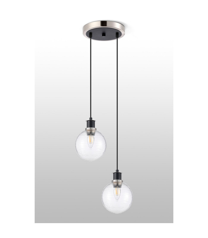 Placid 20cm 2 Light Pendant E14 15cm Round Ribbed Glass Shades Satin Nickel Clear & Satin Black-7