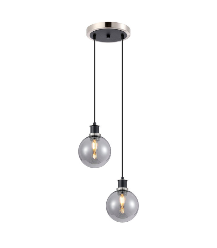 Placid 20cm 2 Light Pendant E14 15cm Round Glass Shades Satin Nickel Smoke Plated & Satin Black-1