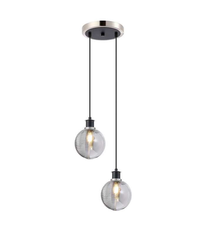 Placid 20cm 2 Light Pendant E14 15cm Round Textured Smooth / Ribbed Glass Shades Satin Nickel Smoke Plated & Satin Black-1