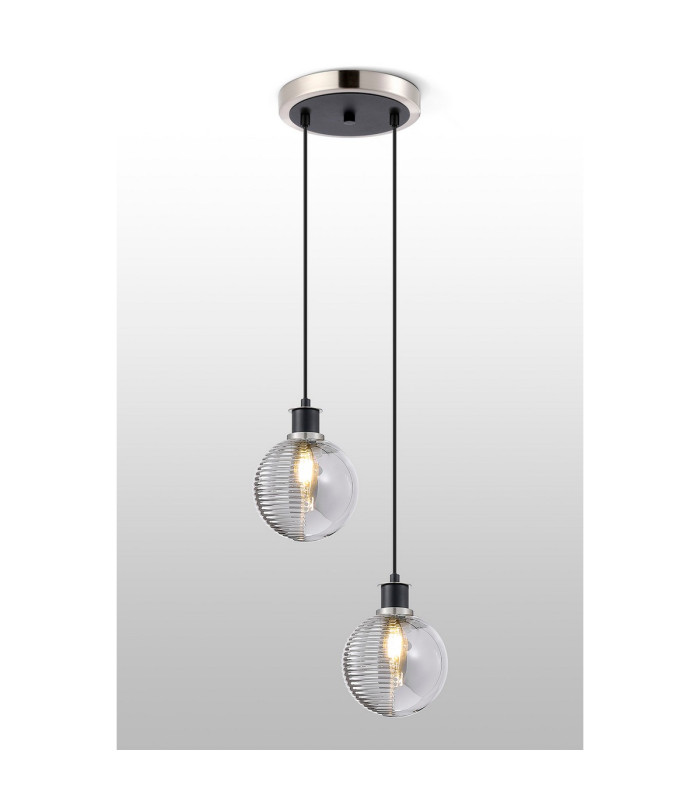 Placid 20cm 2 Light Pendant E14 15cm Round Textured Smooth / Ribbed Glass Shades Satin Nickel Smoke Plated & Satin Black-3