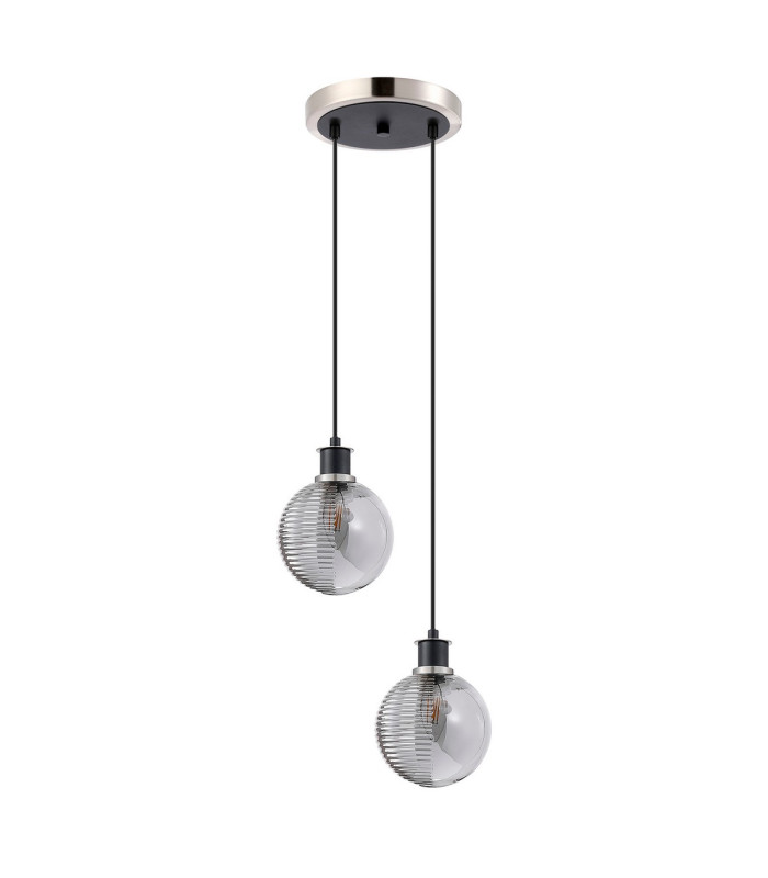 Placid 20cm 2 Light Pendant E14 15cm Round Textured Smooth / Ribbed Glass Shades Satin Nickel Smoke Plated & Satin Black-4