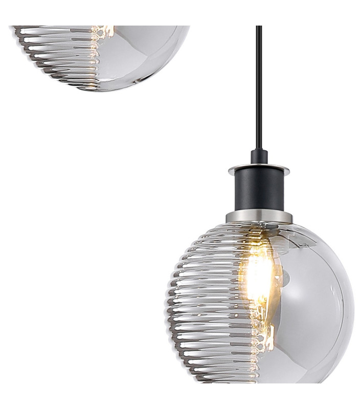 Placid 20cm 2 Light Pendant E14 15cm Round Textured Smooth / Ribbed Glass Shades Satin Nickel Smoke Plated & Satin Black-6