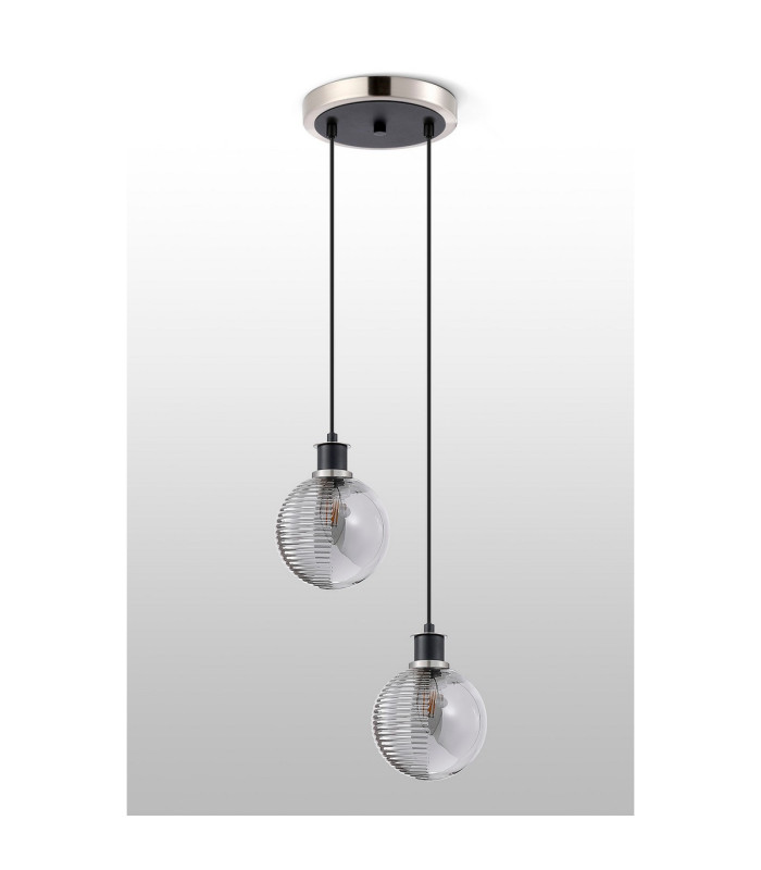 Placid 20cm 2 Light Pendant E14 15cm Round Textured Smooth / Ribbed Glass Shades Satin Nickel Smoke Plated & Satin Black-7