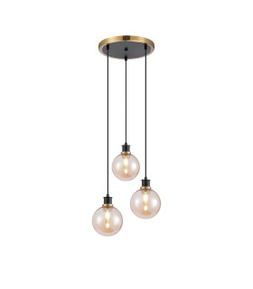 Placid 38cm Round Pendant 3 Light E14 15cm Round Glass Shade Brass Amber Plated & Satin Black-1
