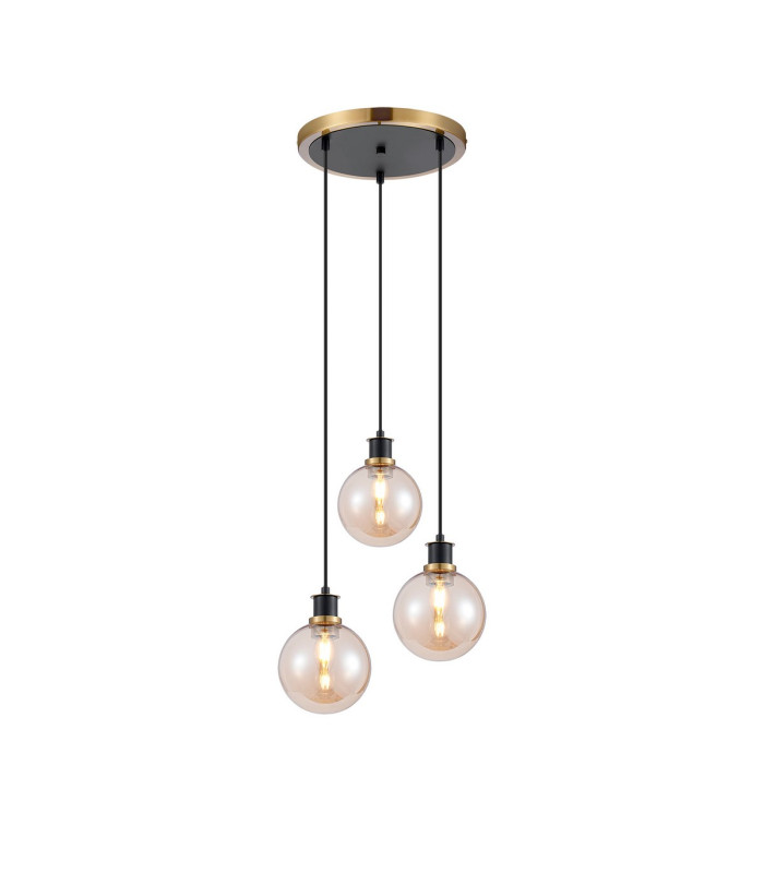 Placid 38cm Round Pendant 3 Light E14 15cm Round Glass Shade Brass Amber Plated & Satin Black-1