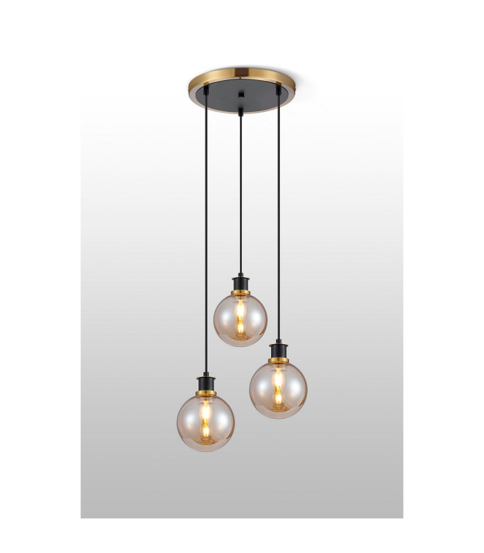 Placid 38cm Round Pendant 3 Light E14 15cm Round Glass Shade Brass Amber Plated & Satin Black-3