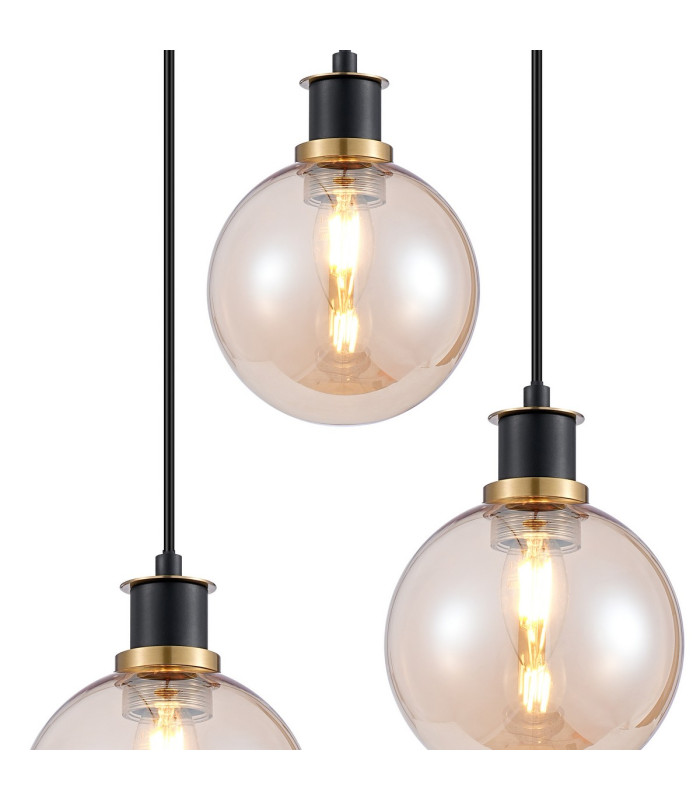 Placid 38cm Round Pendant 3 Light E14 15cm Round Glass Shade Brass Amber Plated & Satin Black-6