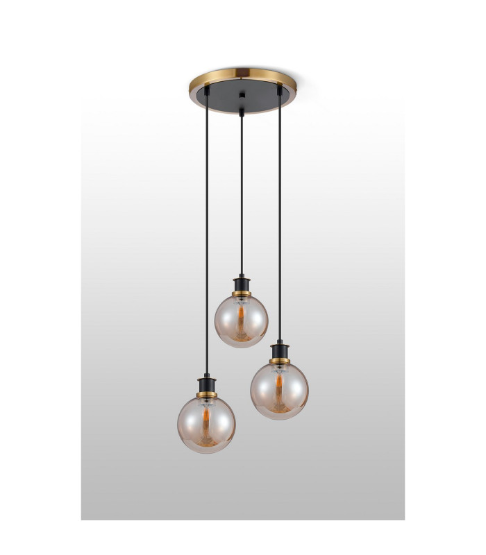 Placid 38cm Round Pendant 3 Light E14 15cm Round Glass Shade Brass Amber Plated & Satin Black-7