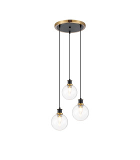 Placid 38cm Round Pendant 3 Light E14 15cm Round Glass Shade Brass Clear & Satin Black-1