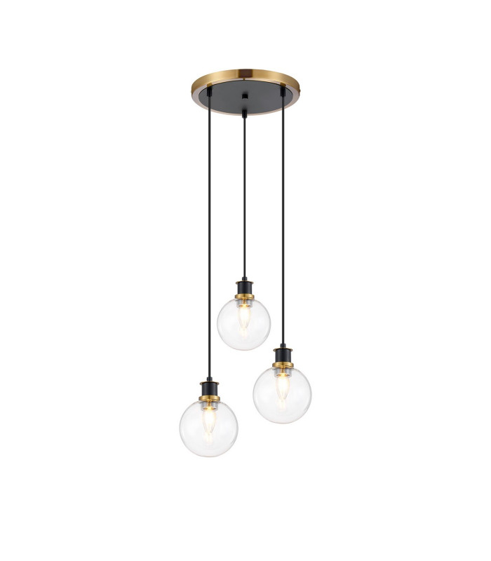 Placid 38cm Round Pendant 3 Light E14 15cm Round Glass Shade Brass Clear & Satin Black-1