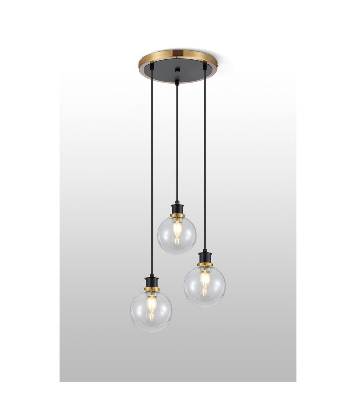 Placid 38cm Round Pendant 3 Light E14 15cm Round Glass Shade Brass Clear & Satin Black-3
