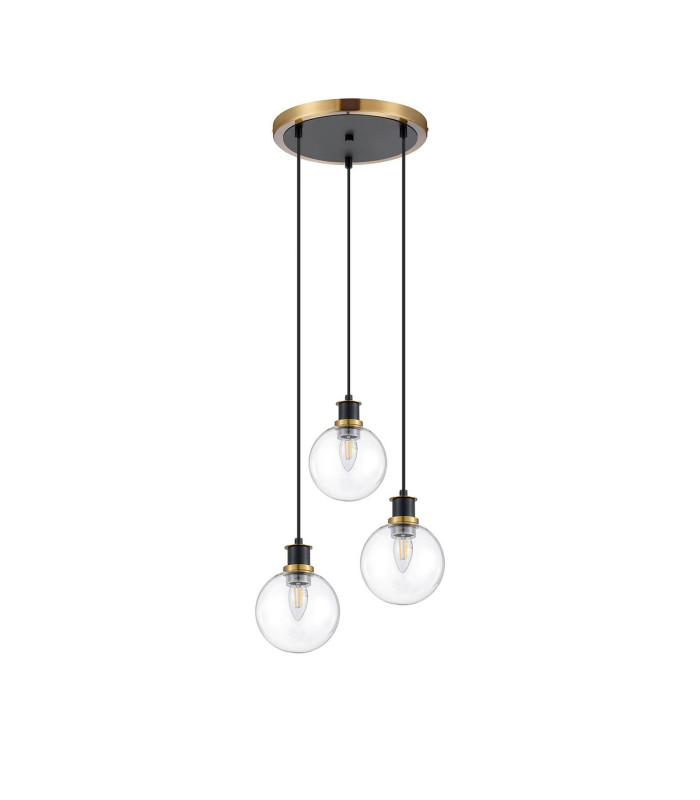 Placid 38cm Round Pendant 3 Light E14 15cm Round Glass Shade Brass Clear & Satin Black-4