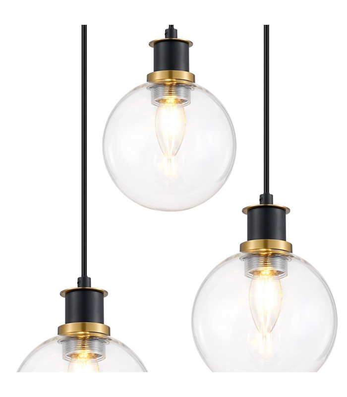 Placid 38cm Round Pendant 3 Light E14 15cm Round Glass Shade Brass Clear & Satin Black-6